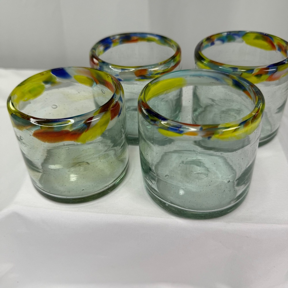 Mexican Hand Blown Confetti Rim Rocks Glasses Set of 4 Recycled Glass 10oz